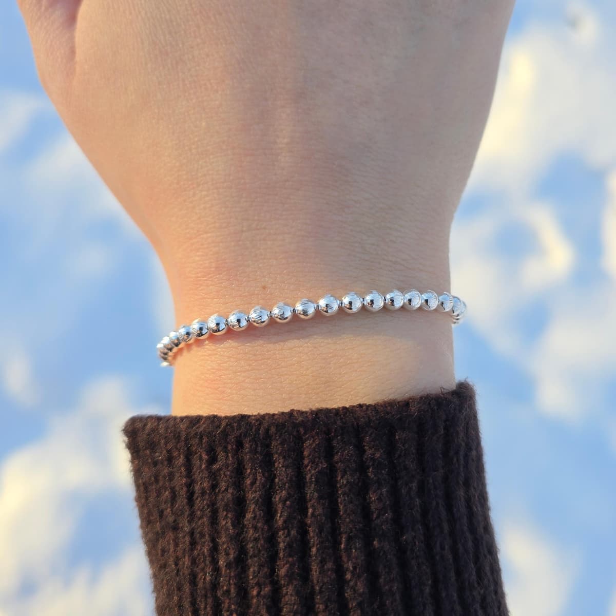 Secondary listing image for Beaded 4mm Diamond Cut Ball Bracelet | .925 Sterling Silver (7", 7.5" + 8" lengths)